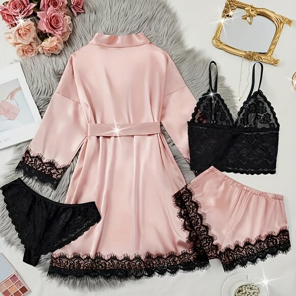 Women's Silky Satin Pajama Set Lingerie Floral Lace Suspender Nightgown 4 Pc Set - Picture 2 of 8